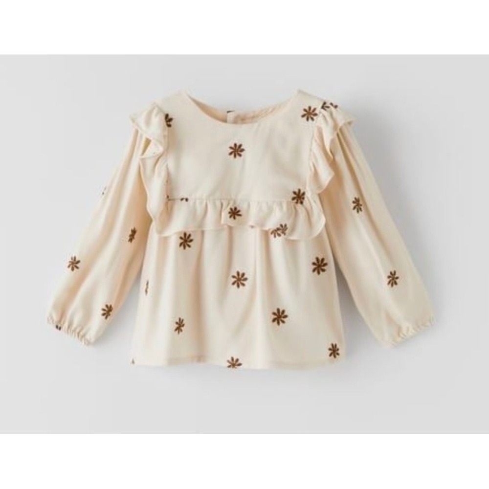 Zara Kids Girls Cream Floral Embroidered Ruffle Blouse Long Sleeve Top Size 3-4Y